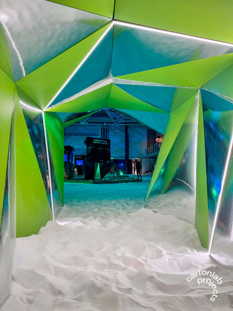 cardboard tunnel inside the sphere. Experiential space.