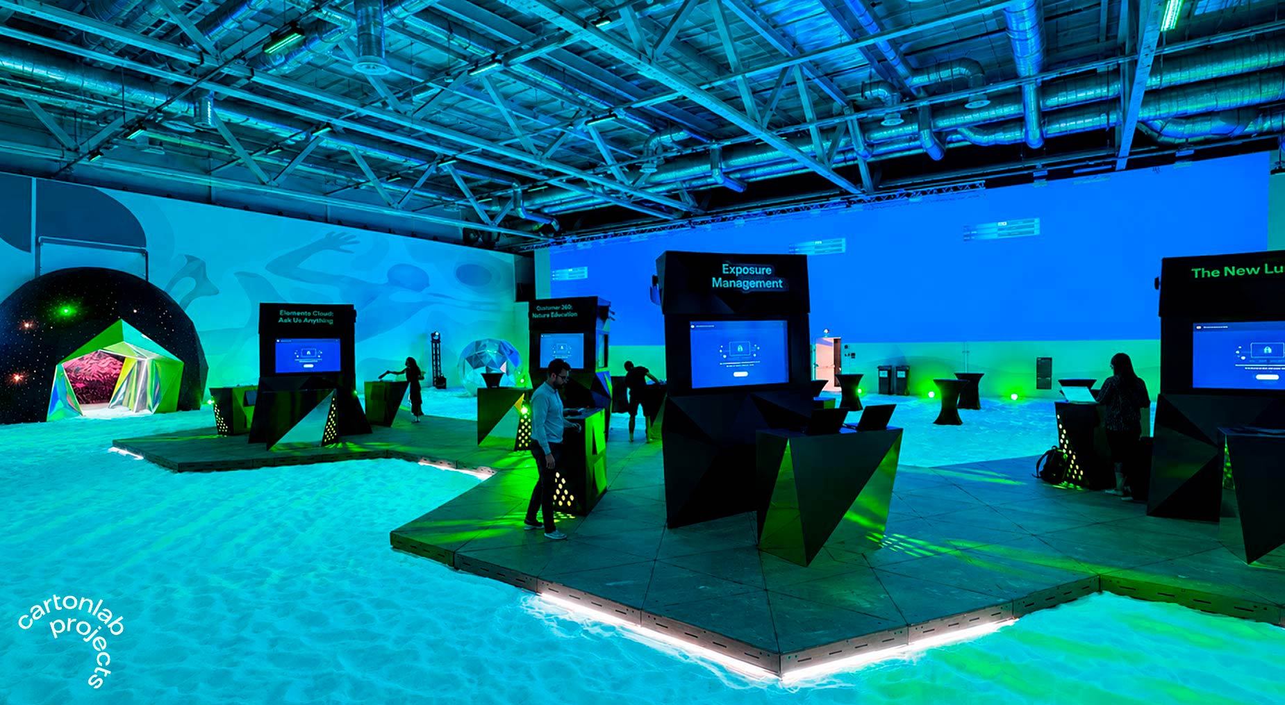 corporate booths installed on the cardboard deck 