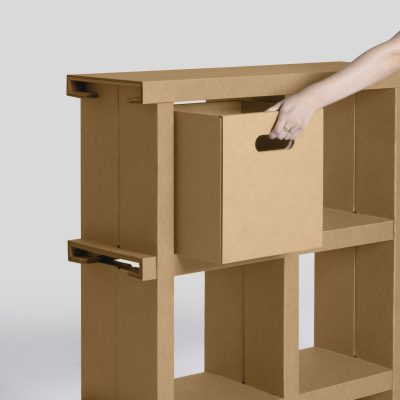 Caja para estantería OHM - Acabado kraft - Vista detalle en la estanteria