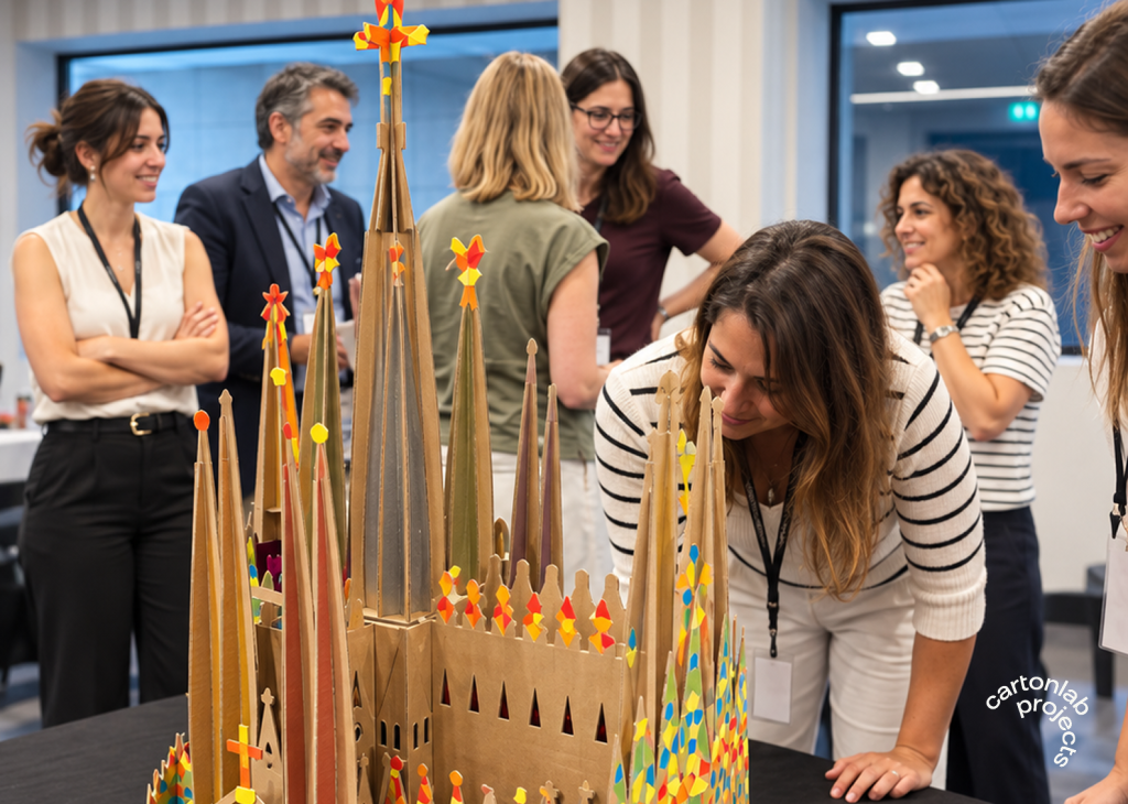 Equipo presentando el resultado final de la maqueta de la Sagrada Familia tras el team building.