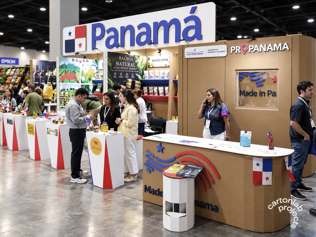 Frente del stand de Panamá con rótulo de la bandera, paneles kraft y expositores con visitantes