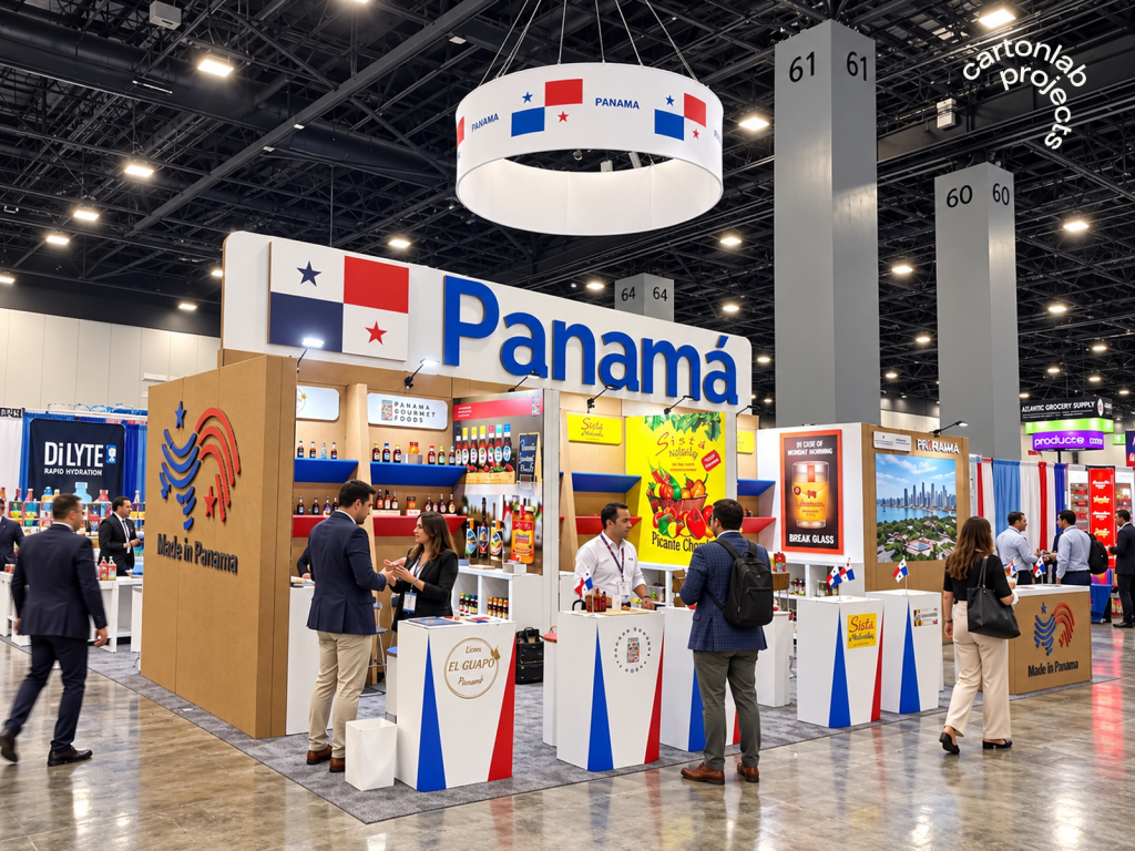 Stand de Panamá con rótulo de la bandera, paneles kraft, expositores blancos y estanterías con producto